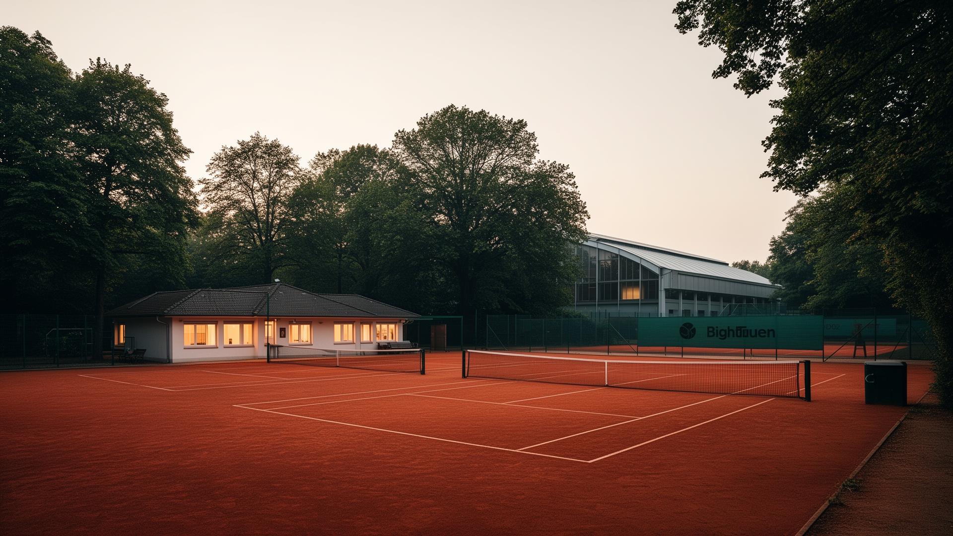 Vereinsanlage eines Tennisvereins im Morgenlicht – Außenplätze, Clubhaus und Halle als Teil eines Ganzen.